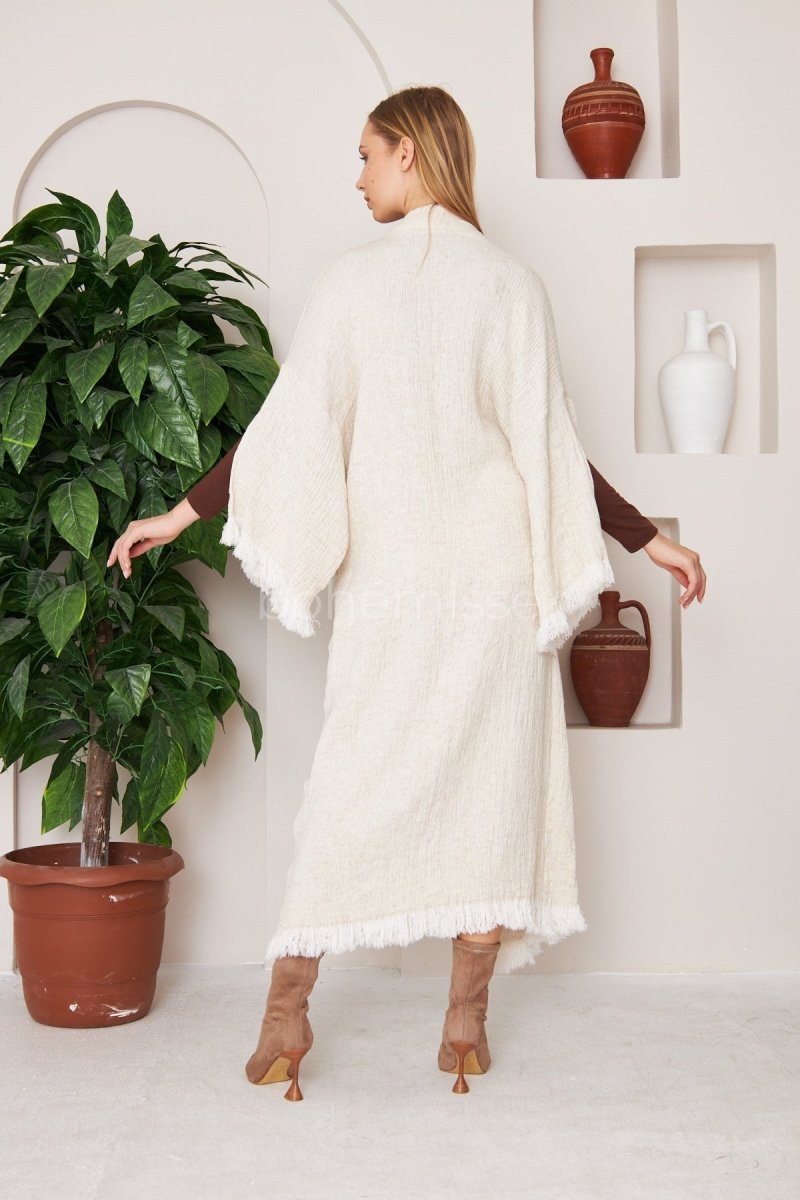 Cold Canvas Winter Boho Kimono - ##option2KimonoS - MCold Canvas : Long Winter Long Kimono in Natural White Color - bohémissebohémisse