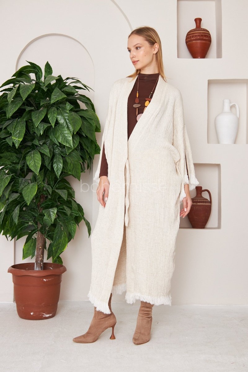 Cold Canvas Winter Boho Kimono - ##option2KimonoS - MCold Canvas : Front - tie Winter Kimono Cardigan in Natural White Color - bohémissebohémisse