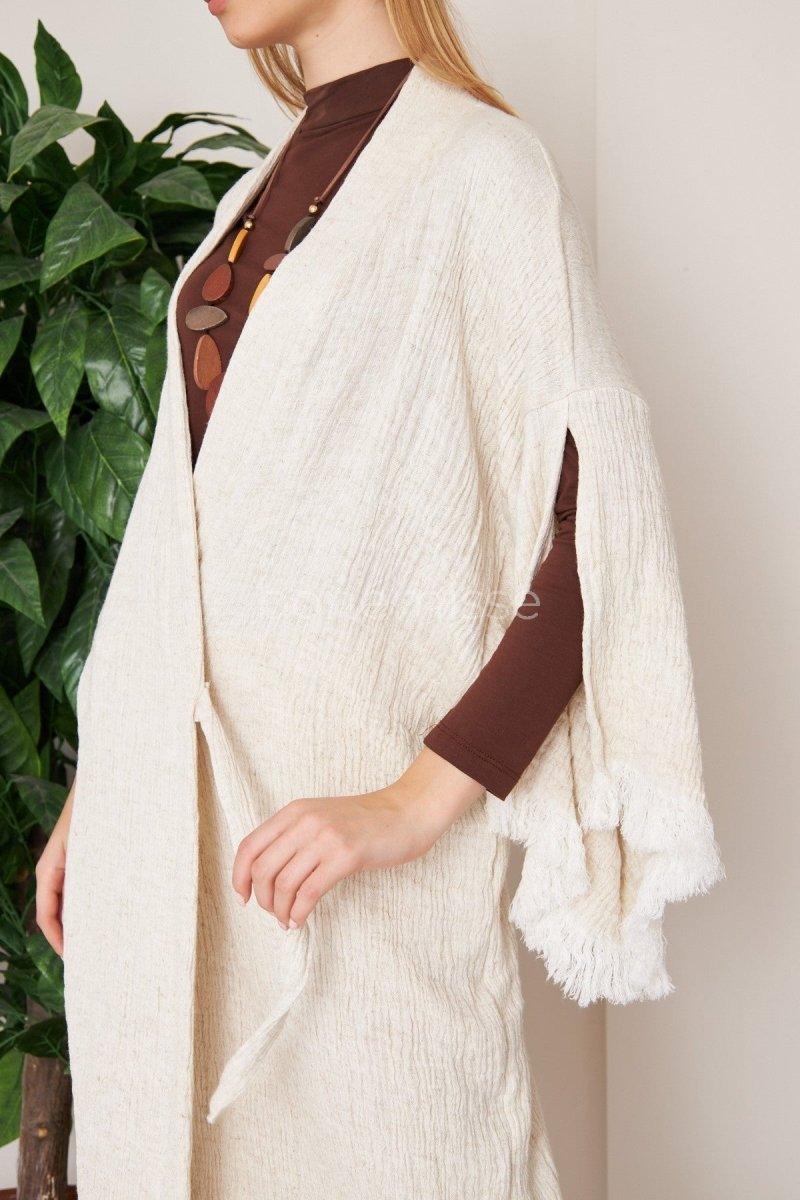 Cold Canvas Winter Boho Kimono - ##option2KimonoS - MCold Canvas : Front - tie Winter Kimono with slit sleeves in Natural White Color - bohémissebohémisse