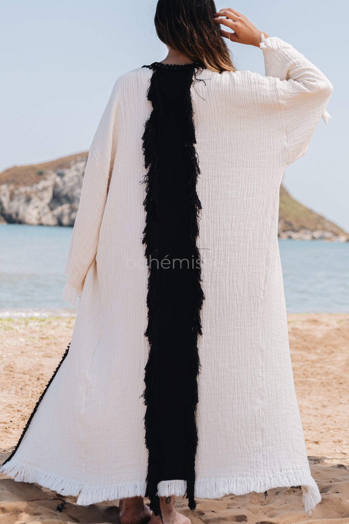 One-of-a kind Natural Beach Kimono in White - bohémisse"