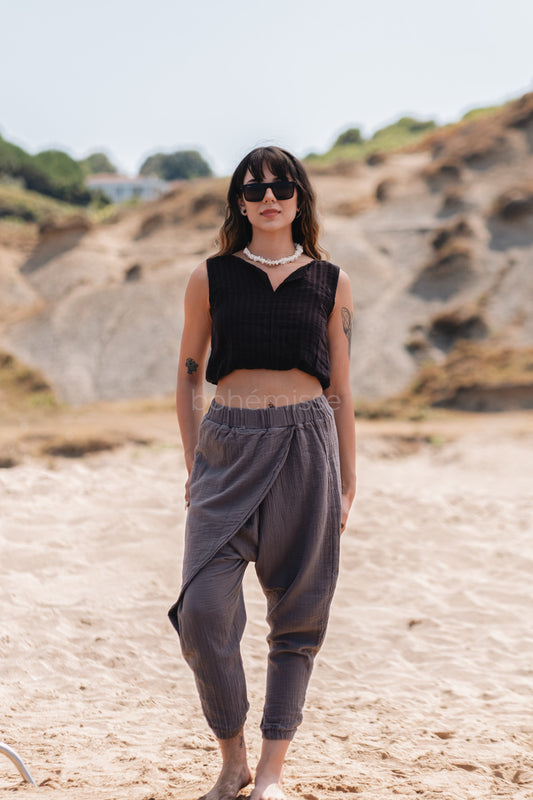 Naive Boho Crop Top and Harem Pants Set in Black/Gray - bohémisse"