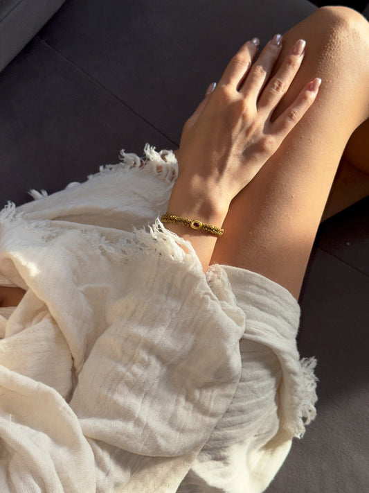 Gold Chain Weave Bracelet with Natural Stone (JWL14) - Steel & Silver