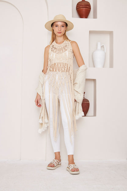 Sandy Handmade Macramé Boho Dress in White - bohémisse"