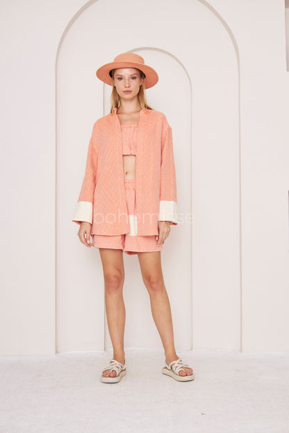 Sunlit Boho Kimono, Crop, and Shorts Matching Set in Pink - bohémisse"