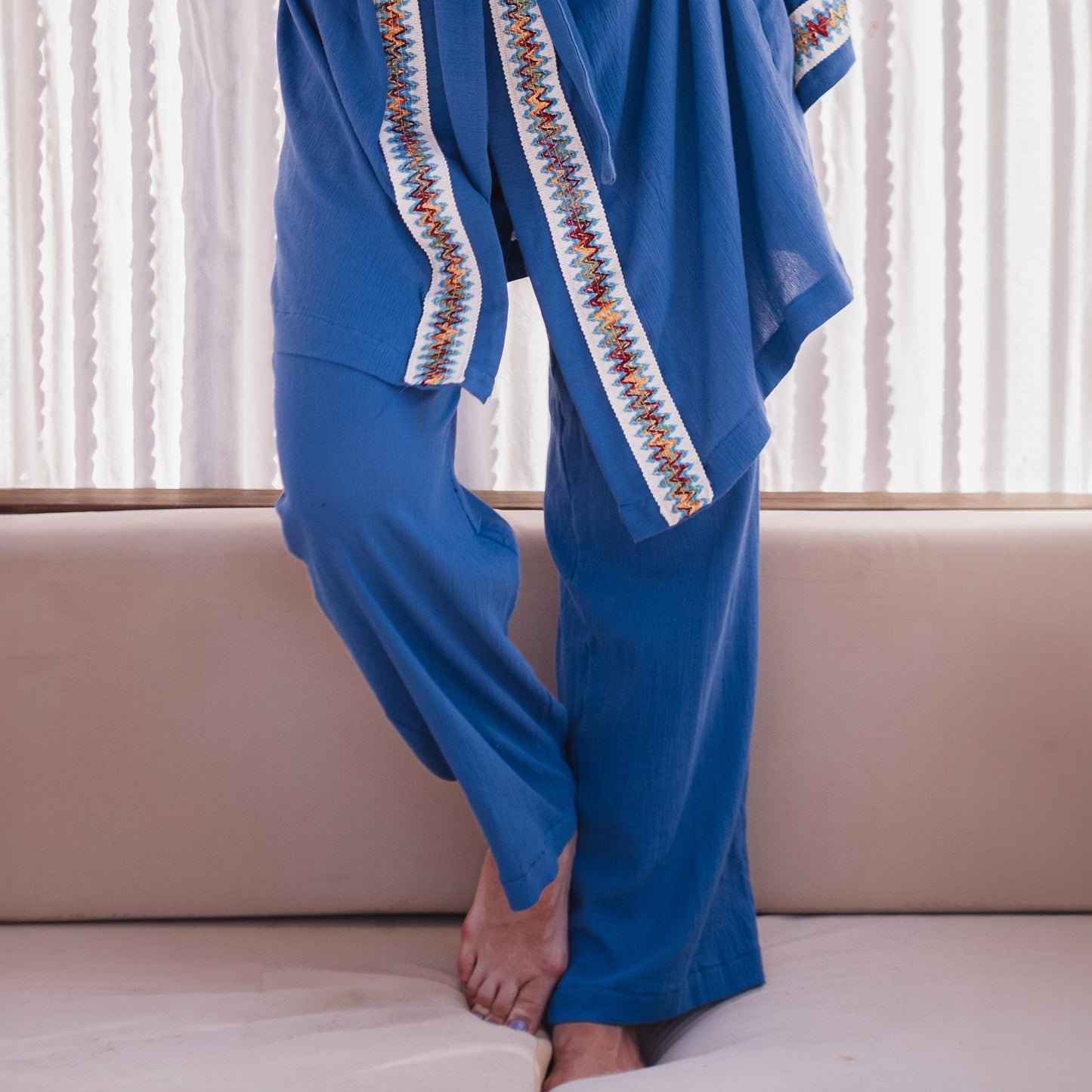 Touchy Boho Blue Pull On Cotton Pants with Elastic Waist