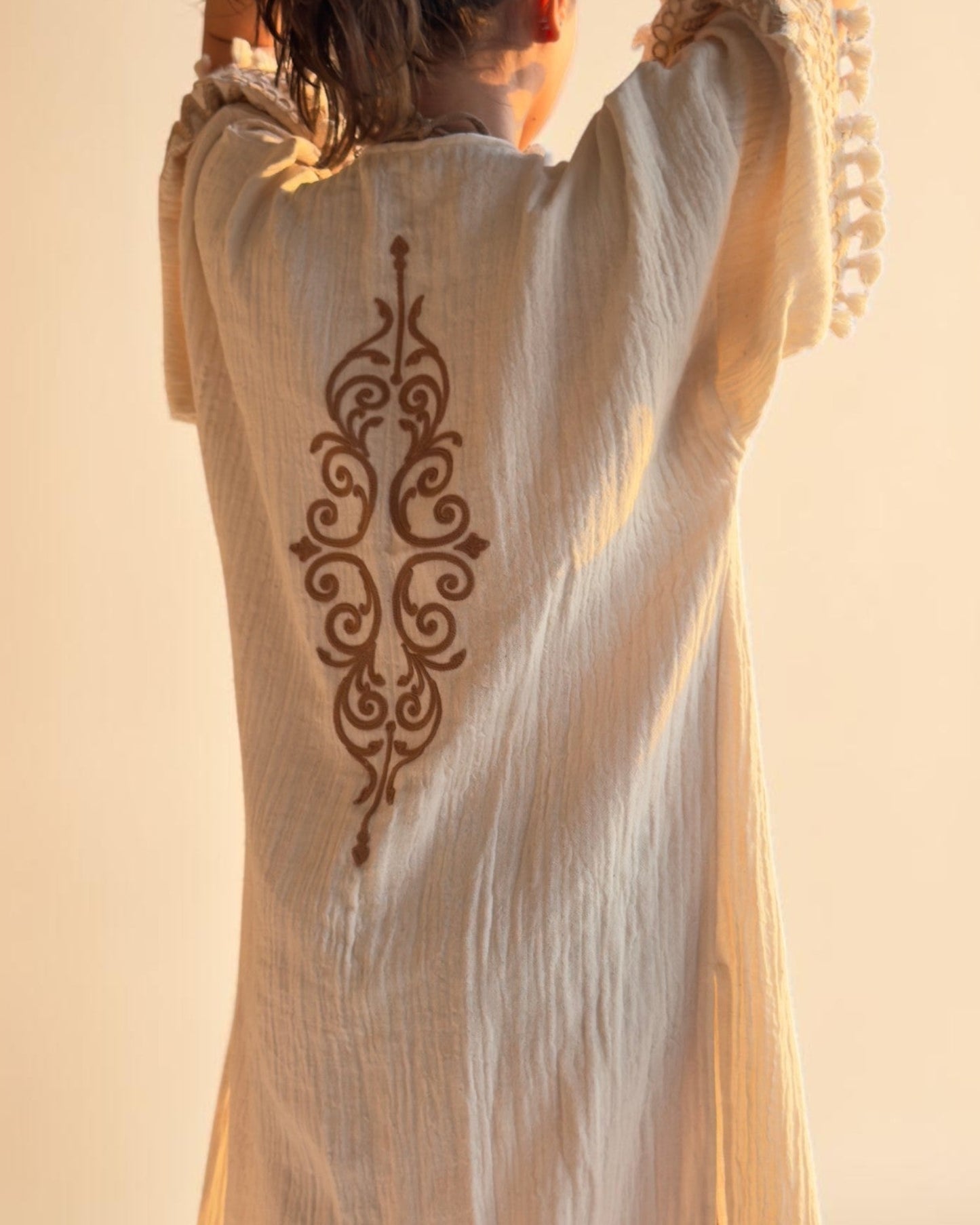 Liora Kimono – Embroidered Long Kimono Robe with Tassel Trim