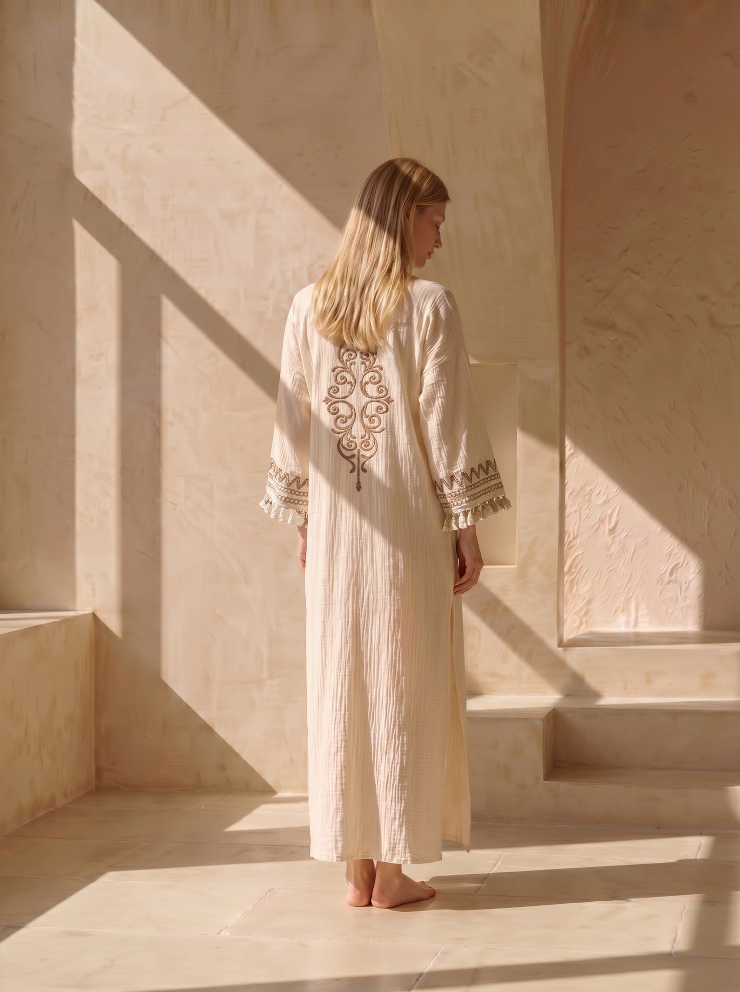 Liora Kimono – Embroidered Long Kimono Robe with Tassel Trim