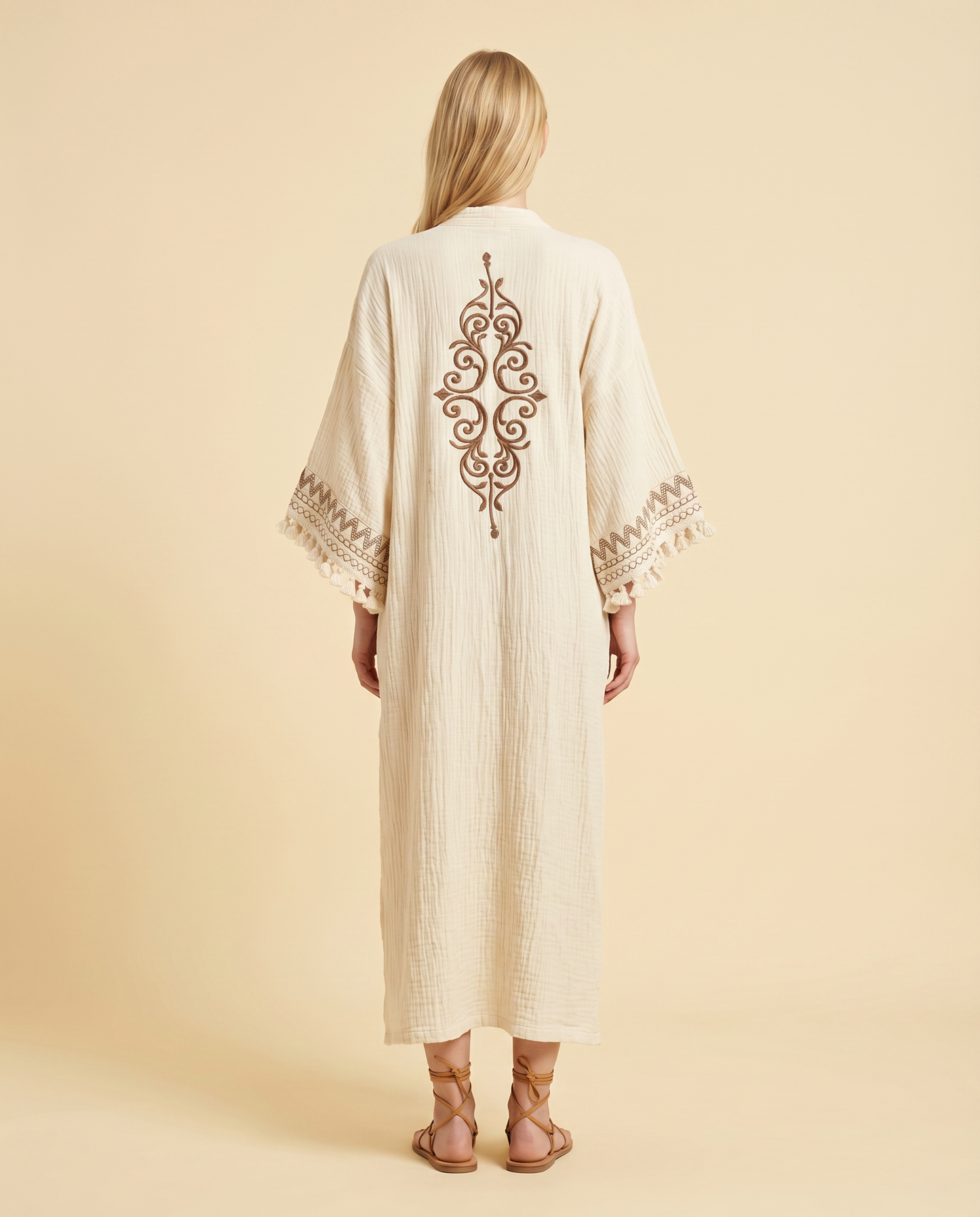 Liora Kimono – Embroidered Long Kimono Robe with Tassel Trim
