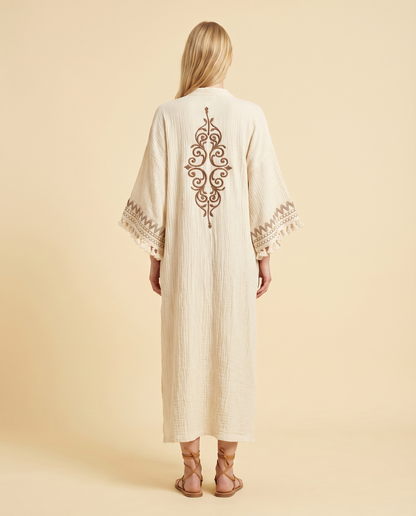 Liora Kimono – Embroidered Long Kimono Robe with Tassel Trim